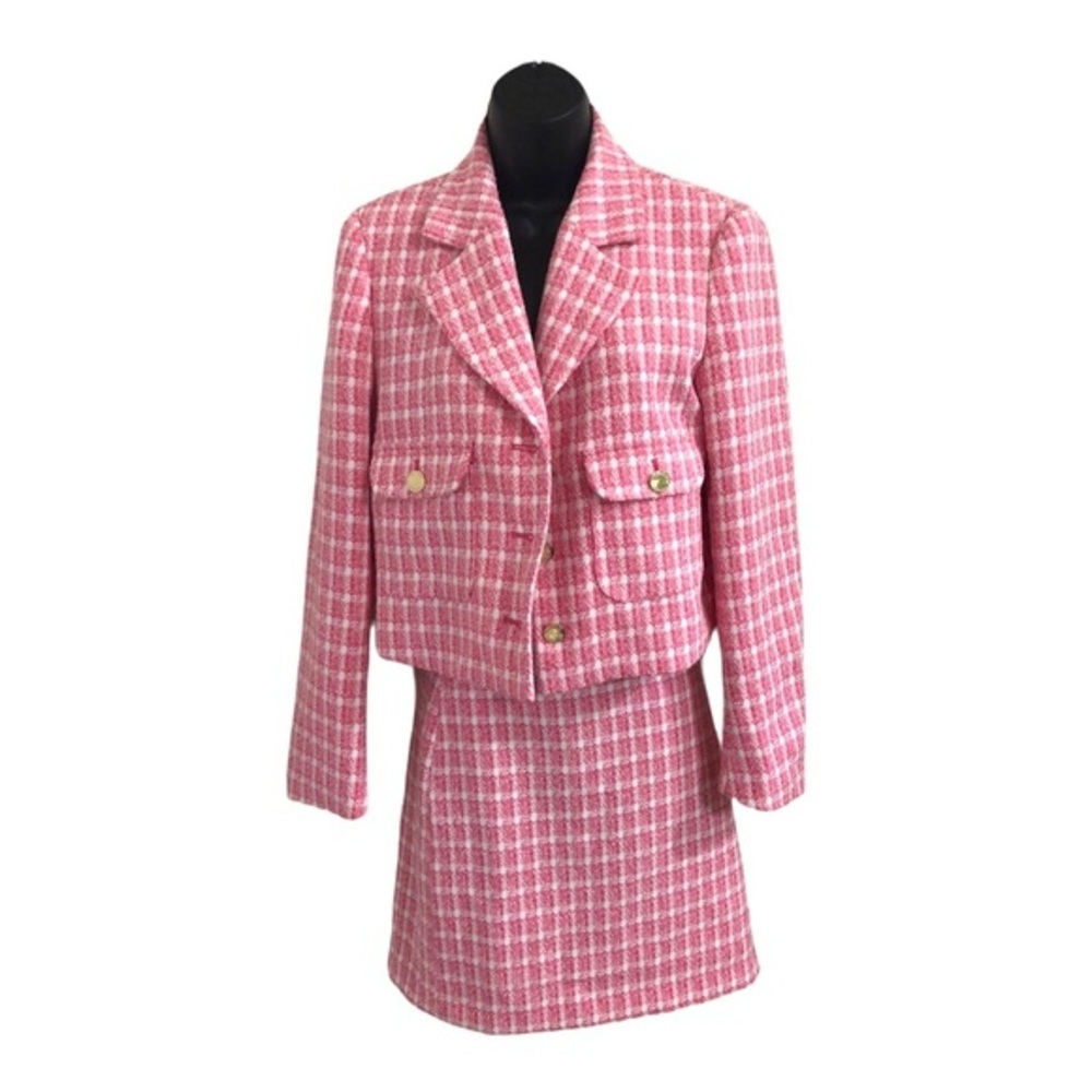 Nine West pink berry crush boucle look gold button jacket skirt suit set size M